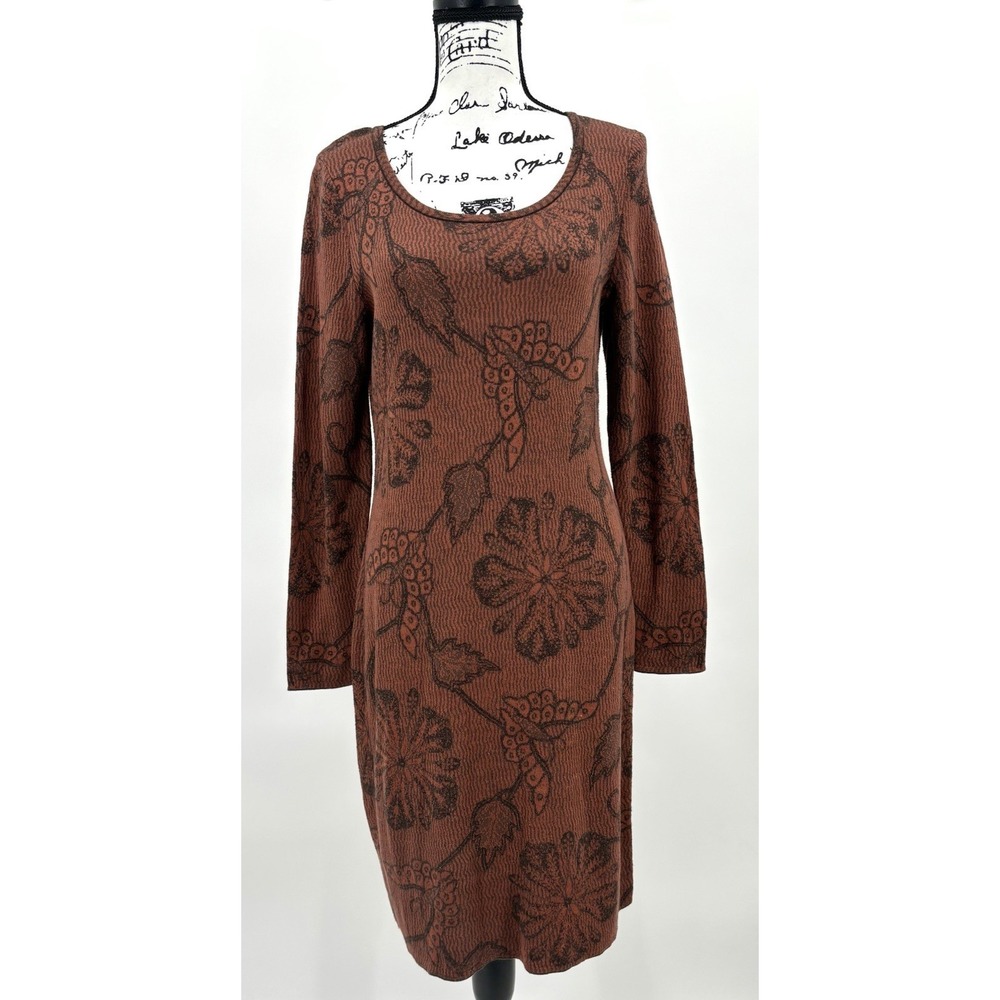Peruvian Connection Long Sleeve Sweater Dress Size Medium Rust Brown Floral Pima
